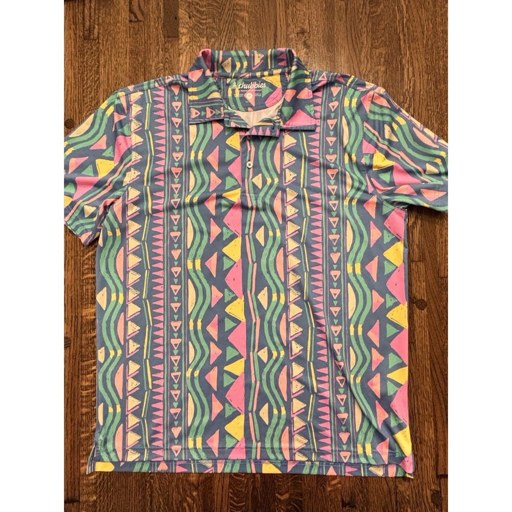 Chubbies The Neon Lights Polo Shirt Mens M Geometric Retro Pattern Short Sleeve